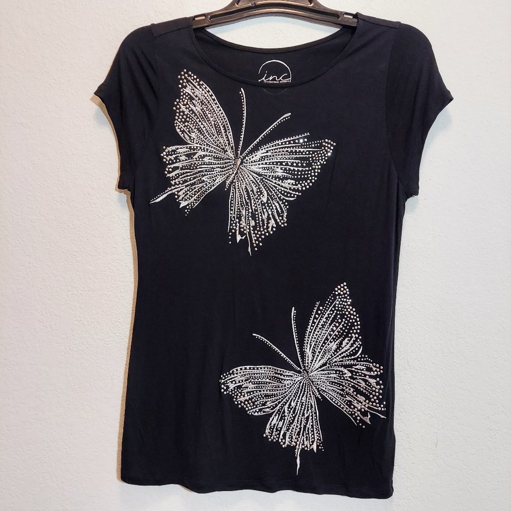 I N C Womens Black Beaded Butterfly Top Size L Pullover Cap Sleeve Boat Neck
